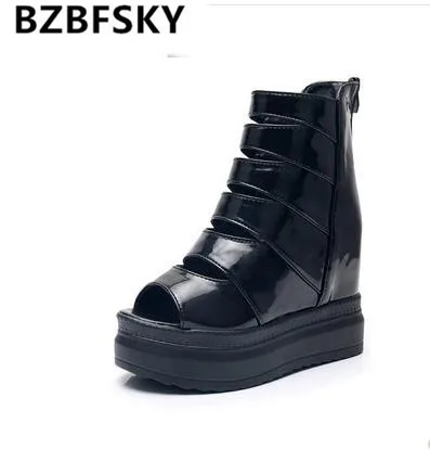 

BZBFSKYpatent silver sexy peep toe super high heels sandals women 2019 fashion wedges height increasing gladiator shoes woman
