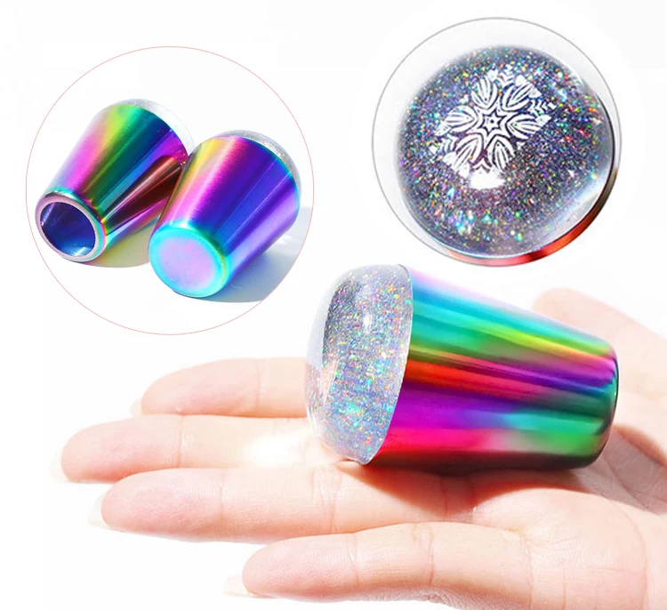 

1PC 4cm Rainbow handle Nail Art Stamper 3Colors Laser Black &Clear Silicone Head FOR Stamping Plate Printing Nail Art Templates