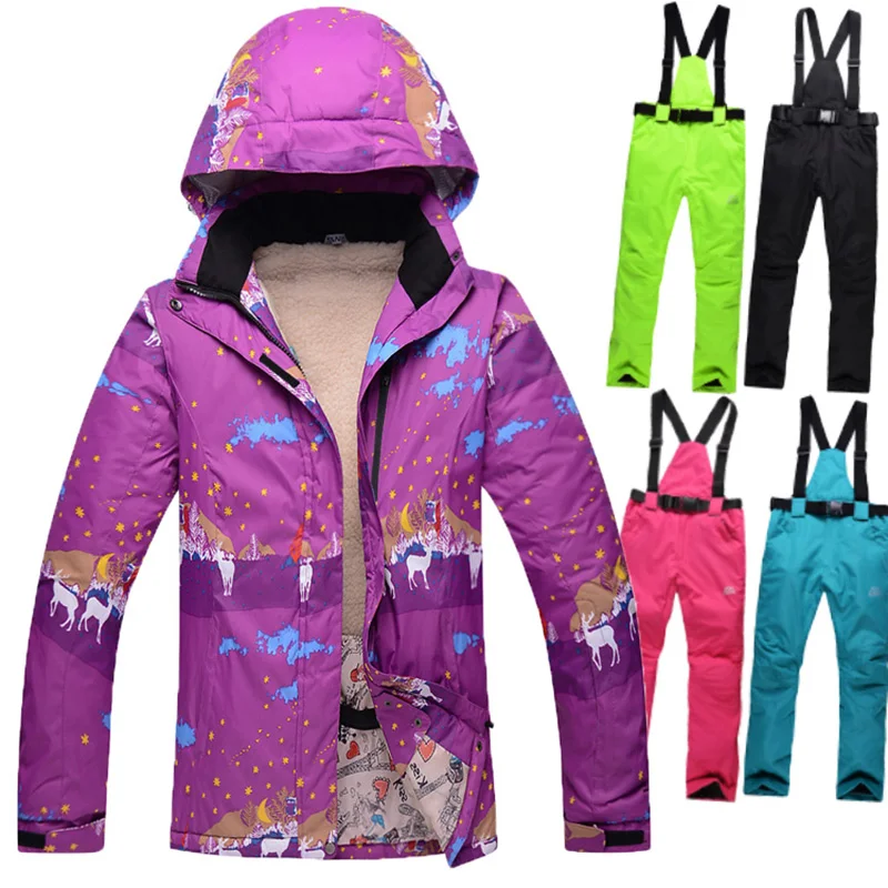 New brand  Skiing Snowboarding women ski clothes plus Thick Velvet  Female Ski suit Warm Wind and Waterproof  Skiing Jackets