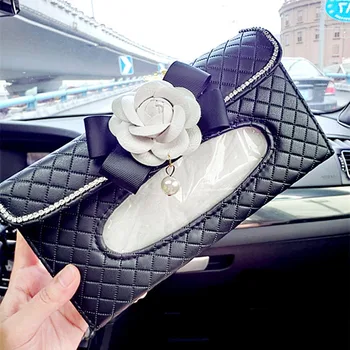 

Camellia Car Sun Visor Tissue Box Leather Hanging Tissue Case with Flower For Girls Crystal Studded Rhinestone Auto Tissue Bag