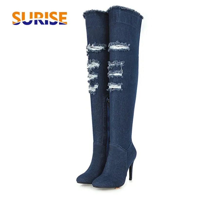 

Big Size Fashion Denim Women Thigh High Boots Thin Spike High Heel Blue Sexy Lady Pointed Toe Zipper Long Riding Over Knee Boots
