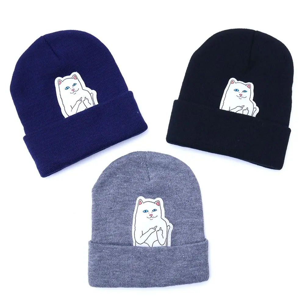Новинка, женские зимние шапки с котом, вязаные шапки с вертикальными средними пальцами, шапка в стиле хип-хоп, мужская хлопковая шапка
