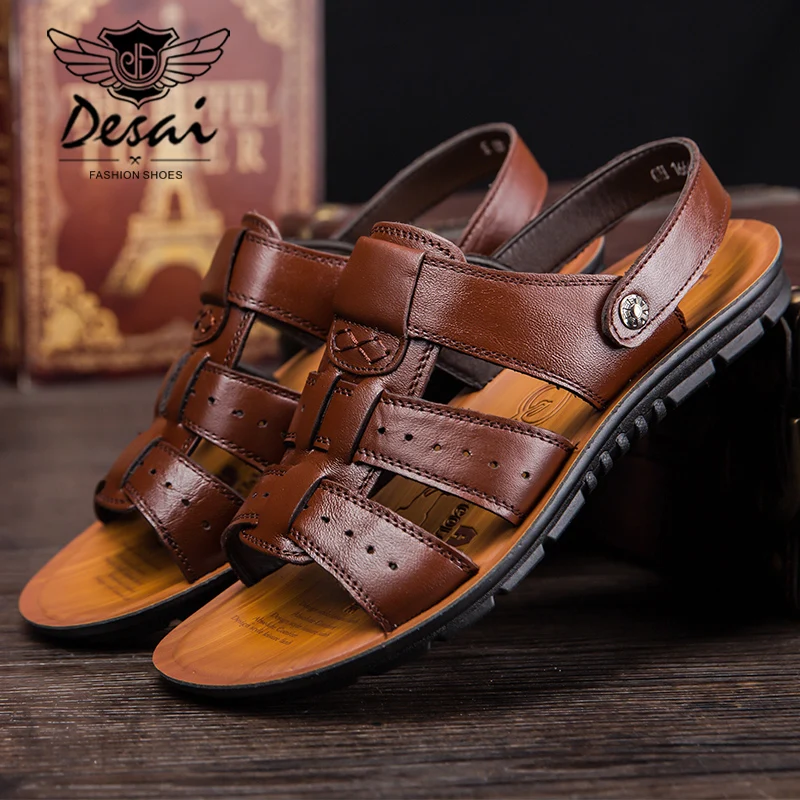 

New Arrival British Style Cow Leather Men Sandals Black Brown Hand Sewing Men Summer Shoes Men Large Size Breathable Beach Shoes
