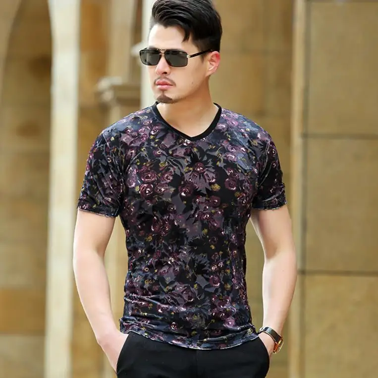 European Style Floral Printed T Shirts Men Silk Velvet T Shirt Short