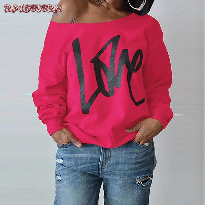 RAISEVERN Women Sexy One Shoulder Sweatshirts Love Letter