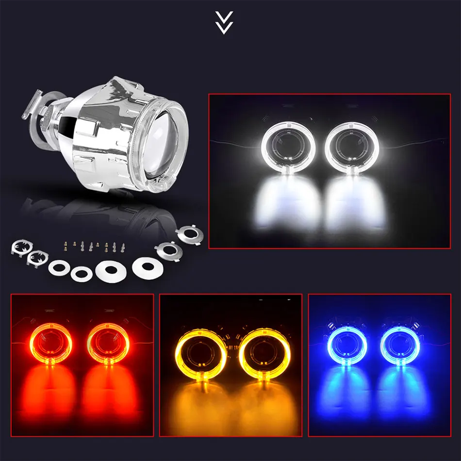  RACBOX Universal 2.5 inch Led Angel eyes Bi-xenon Projector lenses Driving Light DRL H4 H7 Car Retr - 32996761431