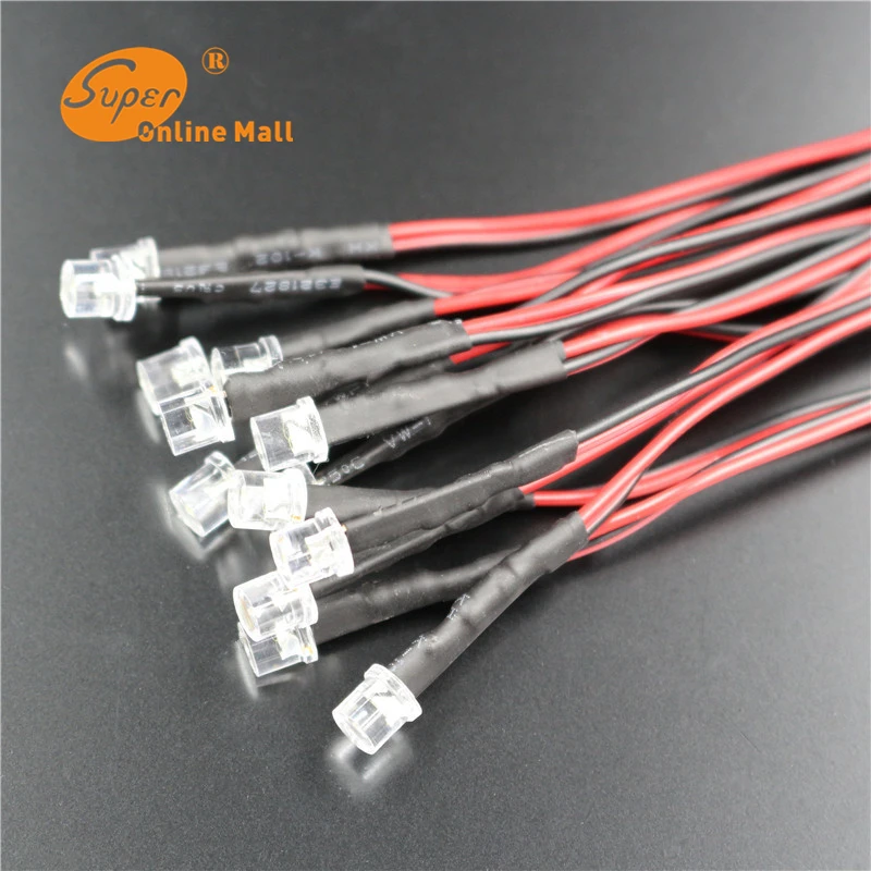 50PCS 5MM 9 12V Pre Wired Resistor Flat Top LED White Red Blue Green