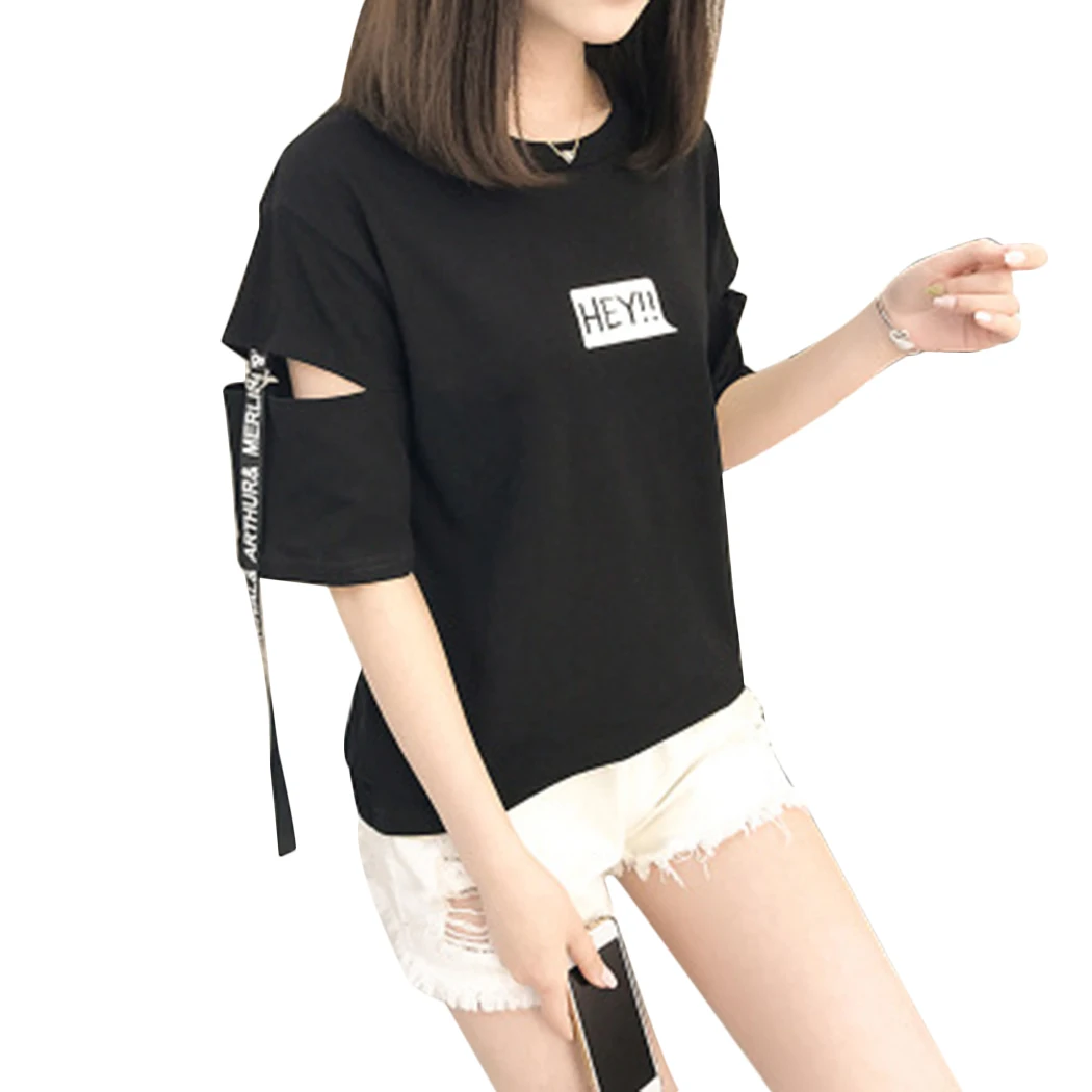 Korean Style Women T Shirt Hey Letter Print Student Tops Hole Ribbon