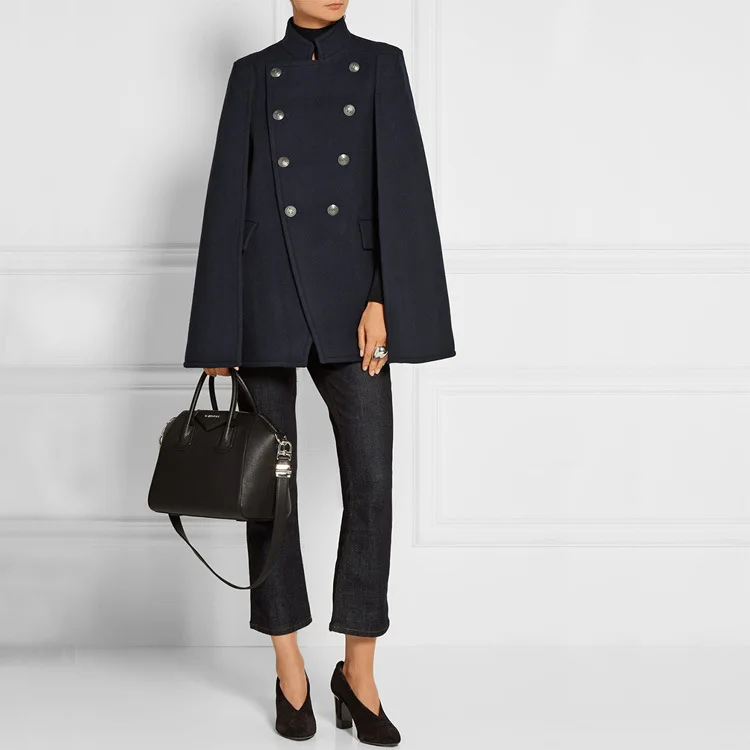 Moyen Dark 2018 À Blue Outwear Automne Cape Laine Boutonnage Femelle Uniforme Nouvelle Mode Armée allumette Tout long Double Hiver Pardessus Femmes zOHxrwz