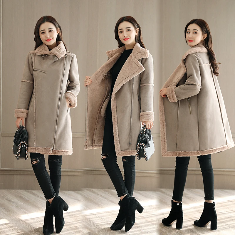 MUMUZI 2018 new windproof thermal coat faux fur long coat women high street thermal suede coat with pockets sheepskin jackets