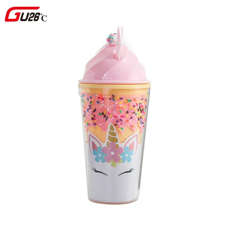

580ML Summer Cute Unicorn Printed Cup Patterns Cooling Portable Cup With Straw Double Layer Cold Water My Drink Bottle