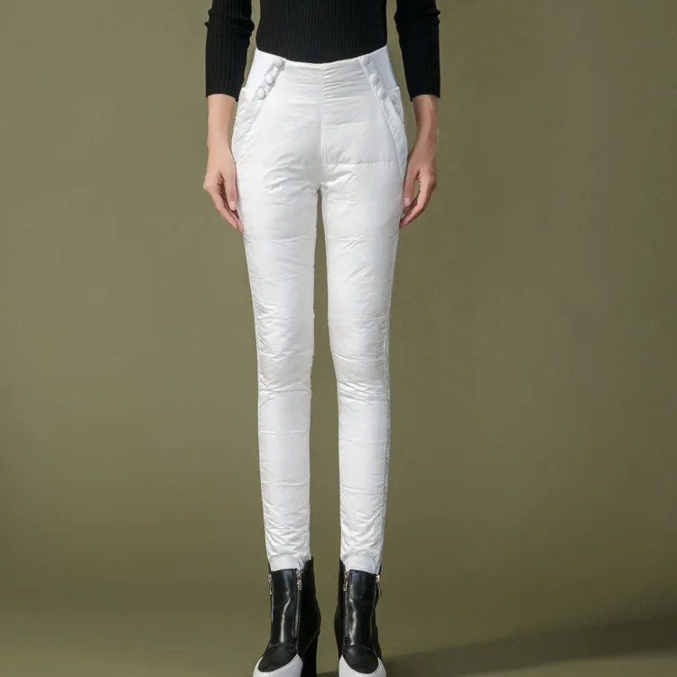 Женские брюки-карандаш с двойной лицевой подкладкой, с высокой талией, облегающие, кружевные, теплые зимние брюки, женские, с высокой талией, 90%, белые, пуховые брюки, PT-129 - Цвет: White