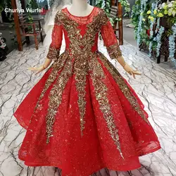 LSS523t красного цвета для малышек; платья для причастия; платья в винтажном стиле с О-образным вырезом с рукавом три четверти бальное платье с