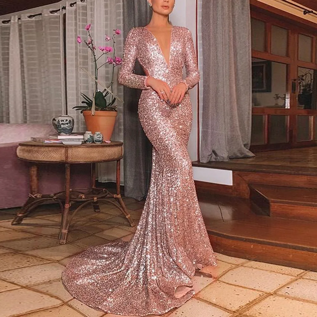 

2019 Fashion Womern Dress Sexy Womens Long Sleeve V-Neck Sequined Bodycon Cocktail Prom Gown Dress 30