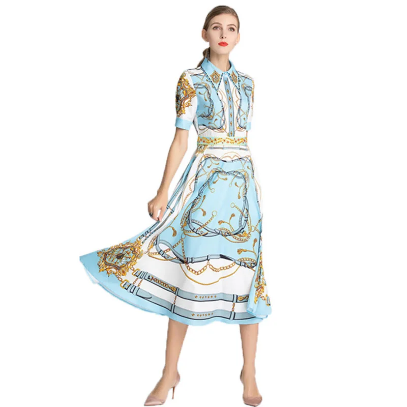 

2019 Spring Summer Women's Dress Light Cooked Printed Doll Collar Short-sleeved High Waist Pleated Light Blue Ladies Large Dress