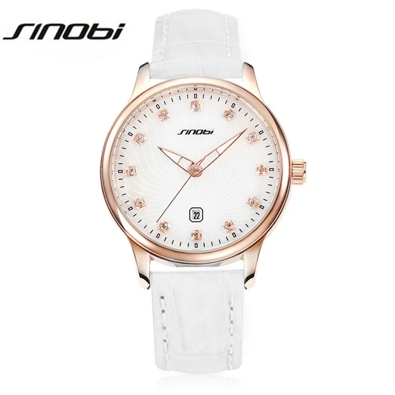 

SINOBI Waterproof Watch Ladies Rhinestone Women Dress Watch Leather Quartz Wristwatch Luminous Clock Auto Date Hours AB2200