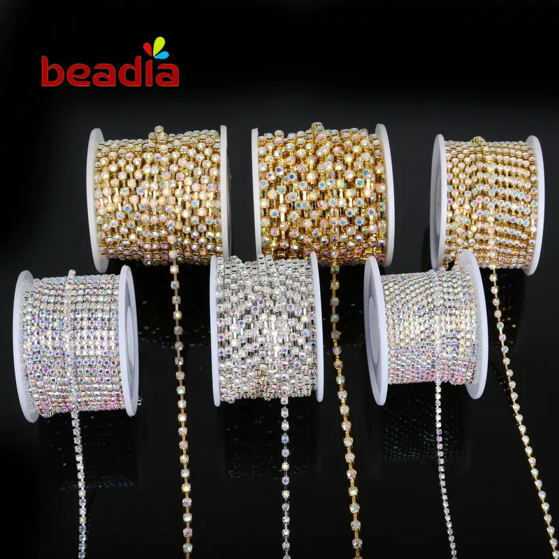 

10yards SS6-SS18 Crystal AB Color Sliver Gold Base Rhinestone Chain Apparel Sewing Style For Diy Beauty Accessories