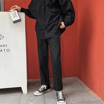 

2019 Men's Baggy Homme Classic Stripe Printing Jeans Straight Full Length Casual Pants Tide Male Mens Trousers Plus Size M-XL