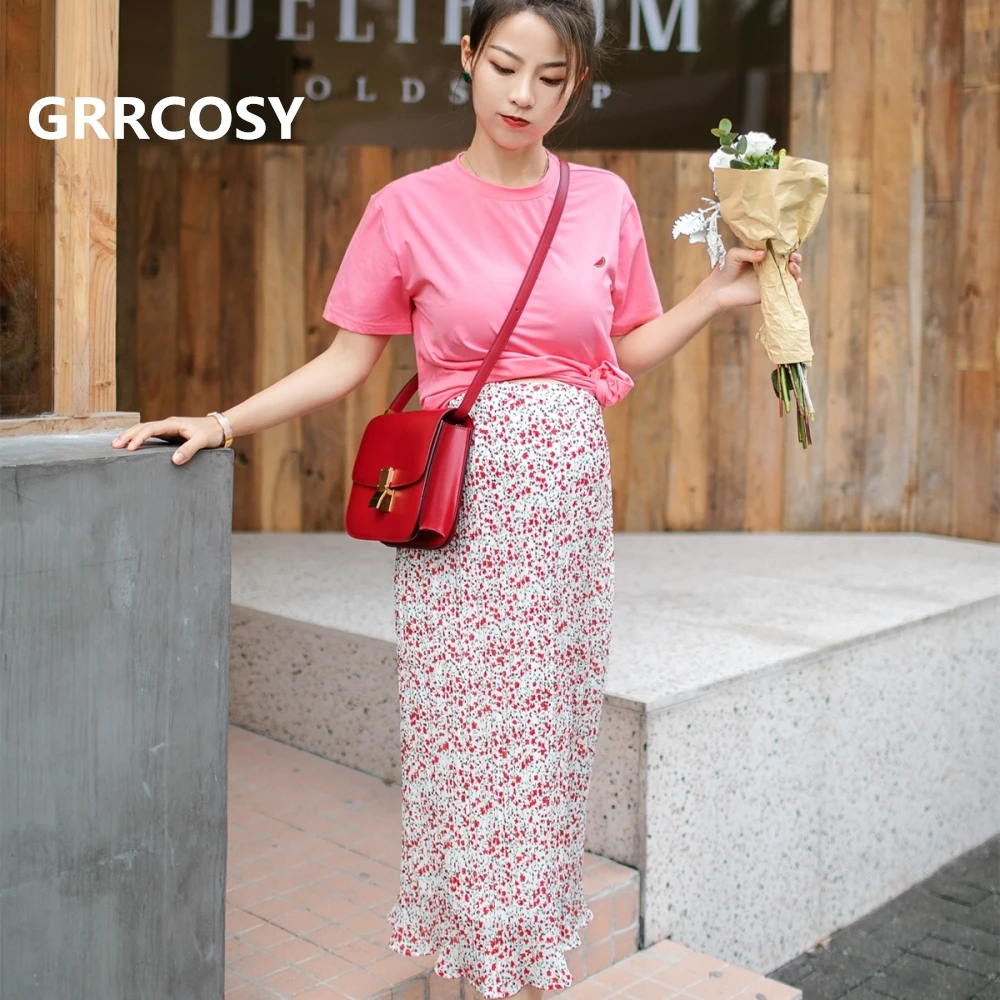 

GRRCOSY Maternity Skirt Flower Chiffon Wrinkle New Summer Elastic Waist Adjustable Belly Clothes Pleated Small Fresh Floral