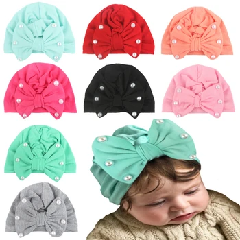 

2019 Newborn Toddler Cap Kids Baby Boy Girl Turban Cotton Bowknot Candy Color Sticky beads Warm Beanie Hat Winter Cap