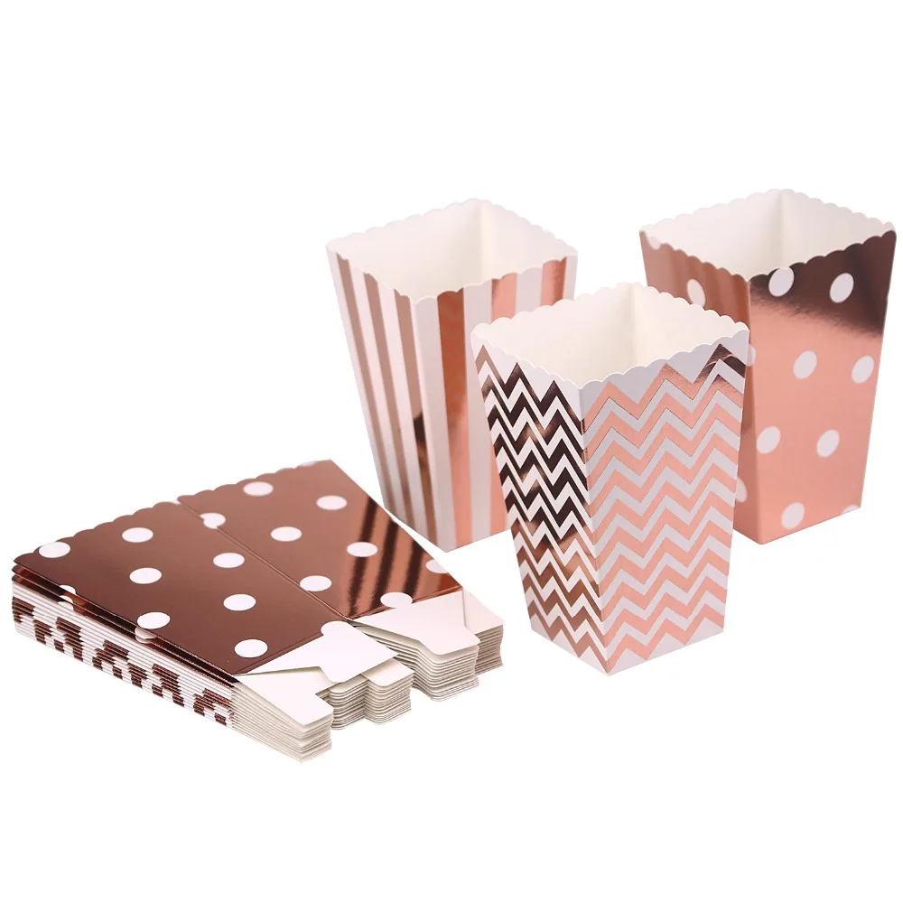 

6 pcs/lot Wedding Birthday Movie Party Tableware Rose Gold/Silver paper Party Popcorn Boxes Pop Corn Candy/Sanck Favor Bags