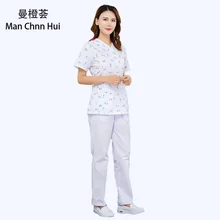 Женский набор инструментов для медицинской обработки с v-образным вырезом хлопок хирургический короткий рукав печать высокое качество скрабы костюм женский