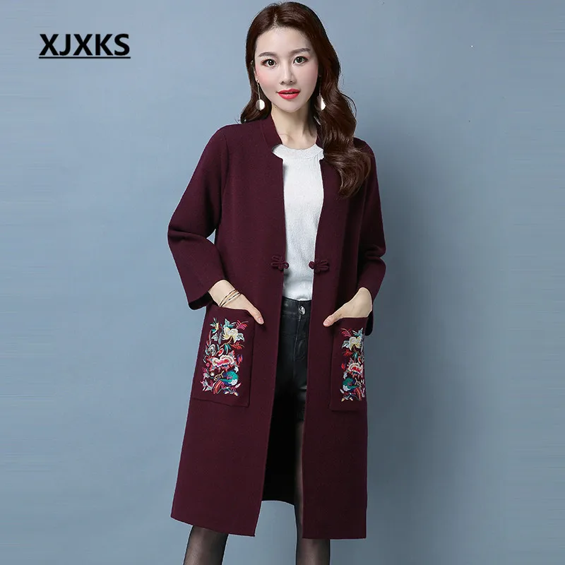 

XJXKS Exquisite Workmanship Autumn And Winter Embroidery Woolen Coats Beautiful Pattern Casual Soft Long Blends Coat