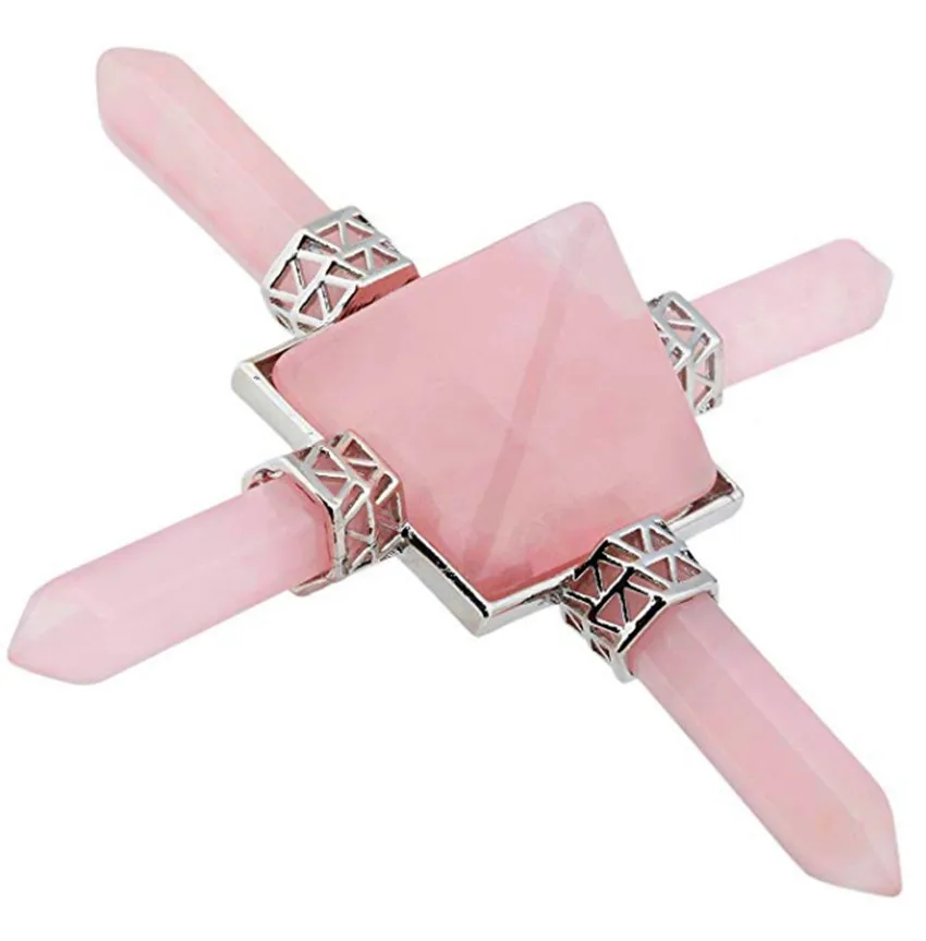 

FYJS Unique Female Gift Silver Plated Square Pyramid Hexagon Energy Transmitter Natural Rose Pink Quartz Pendant