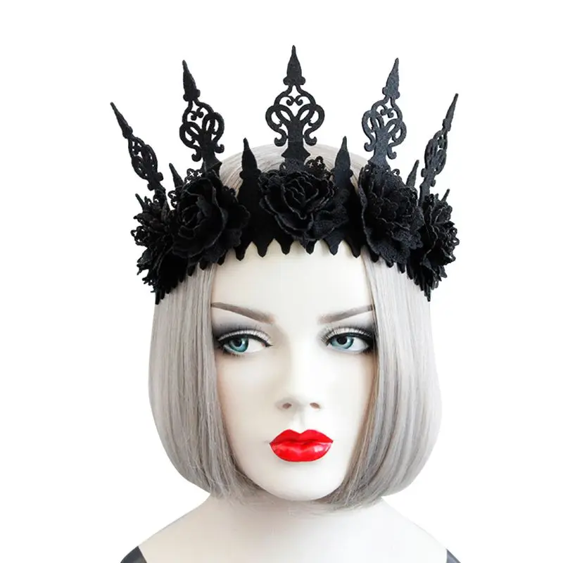 

Lady Queen Head Wreath Vintage Gothic Black Crown Roses Tiara Headband Halloween Party Masquerade Cosplay Accessory