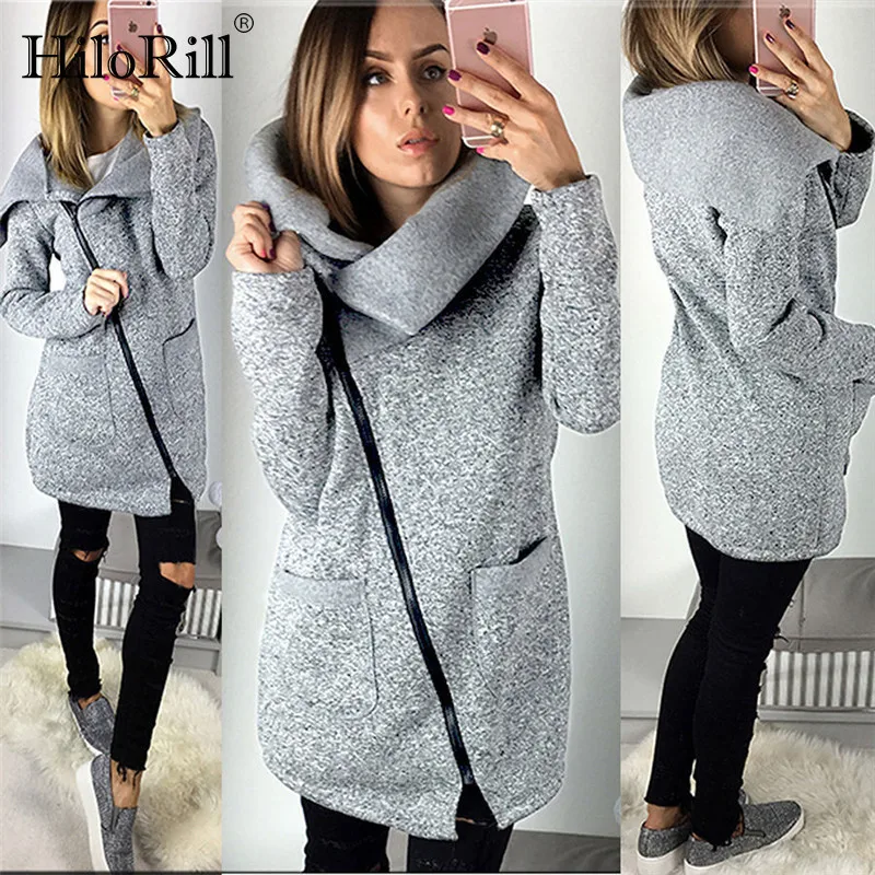 En Ligne 2019 femmes automne hiver chaud polaire sweat à capuche col rabattu longue fermeture éclair sweats à capuche Pure veste manteau Outwear grande taille
