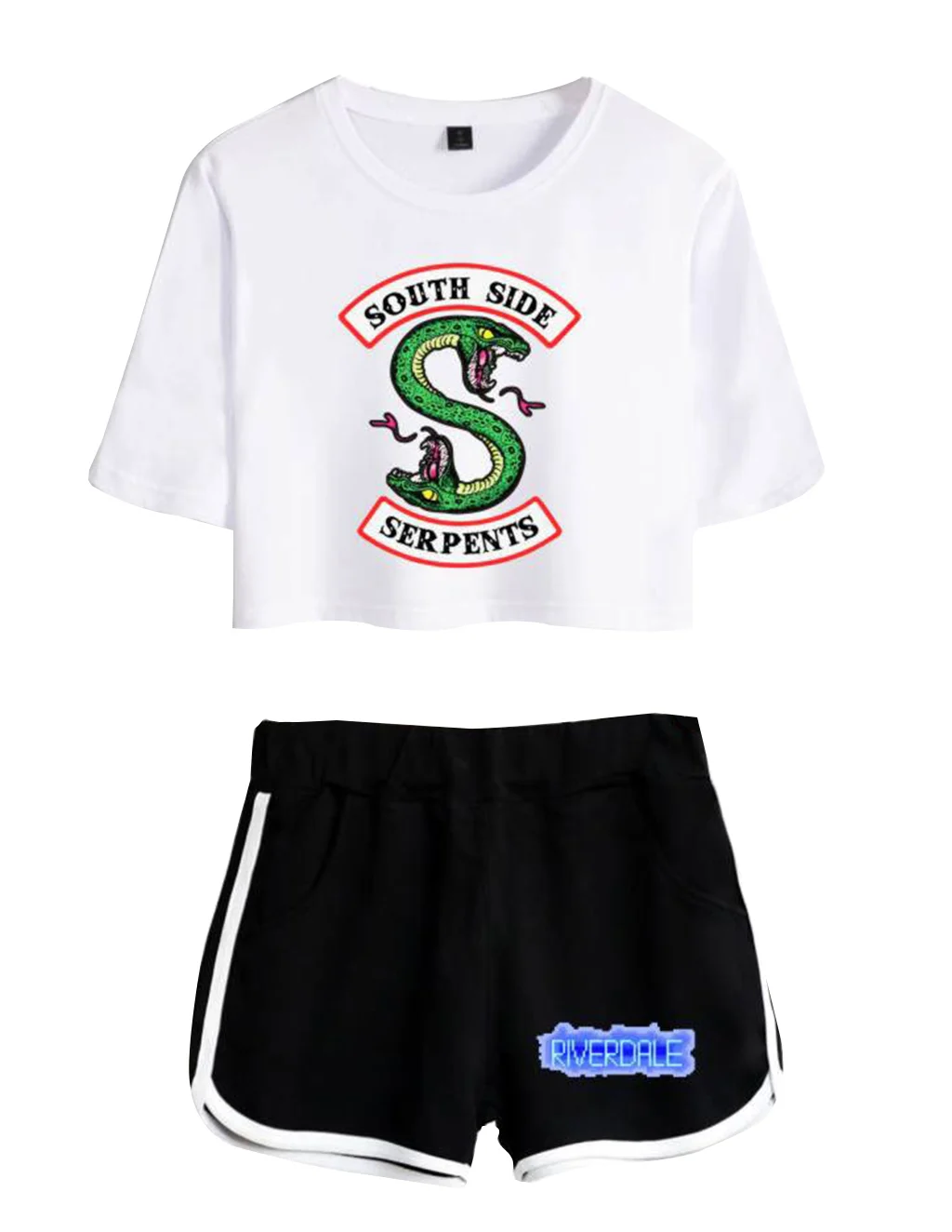 

2019 European American Summer Short-sleeved Shorts Suit Riverdale Girls Exposed Navel Suit College Wind Short Casual Sports Suit