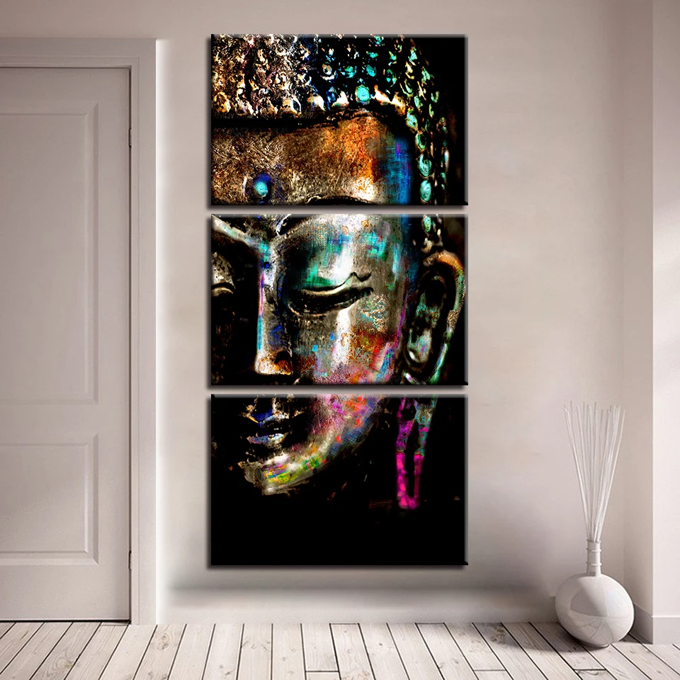 1Modular Canvas Pictures Hallway Wall Art Frame 3 Piece Buddha Statue Painting Print Color Abstract Poster Living Room Home Decor