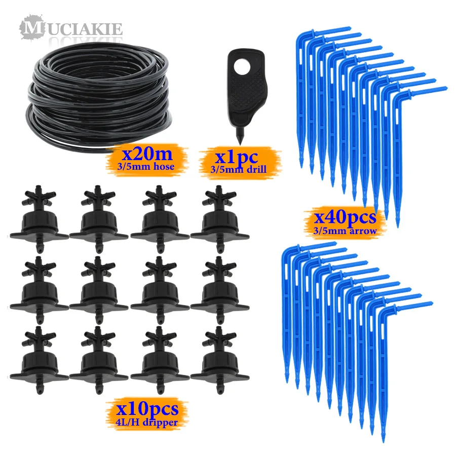 Muciakie на расстоянии до 20 м 3/5 мм 1/8 ''шланг микро капельного стрелка капельницы орошения сада Системы корни растений полива Наборы 2/4 способы излучатель