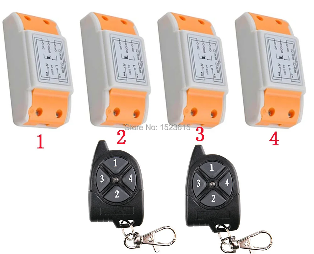 

AC220V 1CH 10A RF Wireless Remote Control Switch System 433 MHZ 2 transmitter & 4 receiver relay Receiver Smart Home Switch