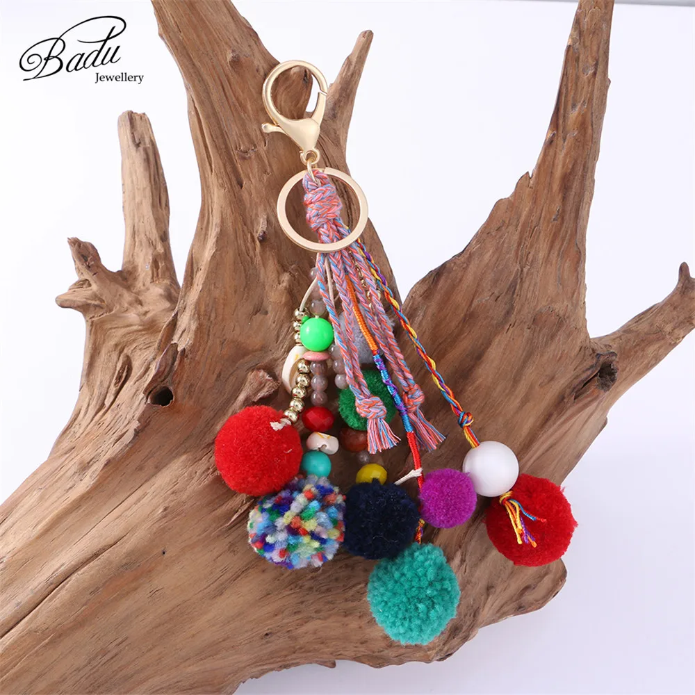 

Badu Colorful Pompom Key Chain Gold Lobster Clasp Big Bohemian Bag Chain Pendant Cute Lovely Holiday Jewelry Wholesale