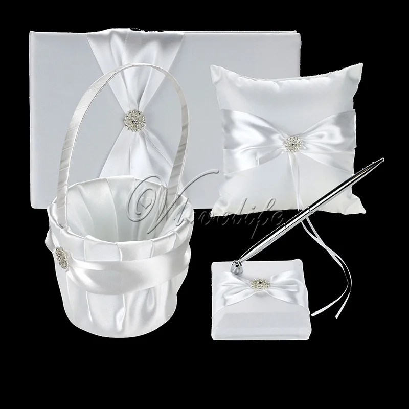 

White Flower Satin Guest Book Pen Set Girls Flower Basket Ring Pillow Diamante Crystal Rhinestone Wedding Decorations