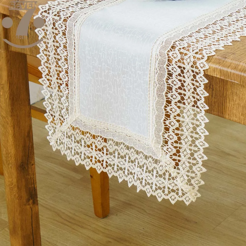 

Free Shipping Beige White Color Embroidered Two-Tone Border Dining Party Table Runner