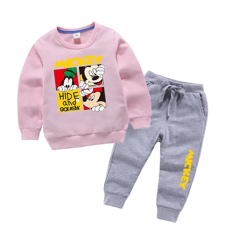 Осенне-зимняя детская одежда с Микки для мальчиков и девочек, хлопковая футболка с длинными рукавами и принтом из мультфильма Топы+ спортивные штаны От 1 до 9 лет из 2 предметов - Цвет: Pink