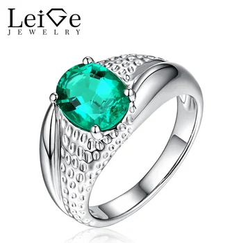 

Leige Jewelry Emerald Ring Solitaire Green Gemstone 925 Silver Wedding Rings for Women Oval Cut Christmas Gift May Birthstone