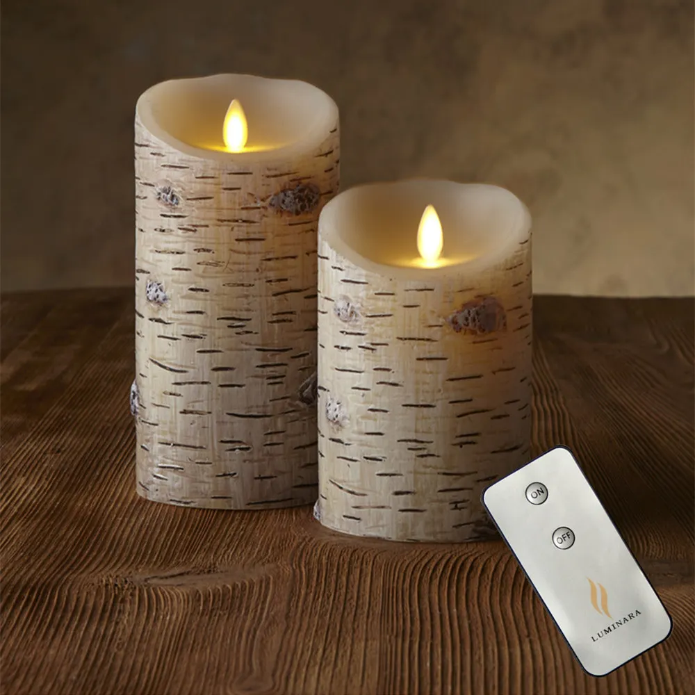 LUMINARA Birch Bark Flameless LED Pillar Candles With Remote and 5