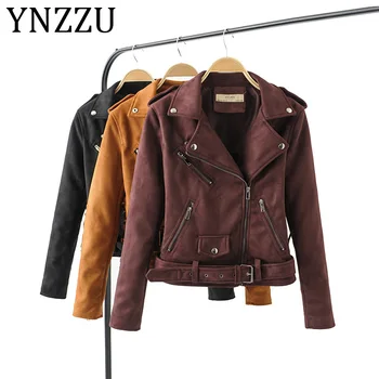 

YNZZU 2019 Autumn Winter Suede Leather Jacket Women Turn Down Collar Long Sleeve Motorcycle Biker Jackets Coat with Belt A1021