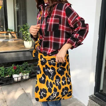 

Zippered Corduroy Leopard Print Single Strap Cross Body Messenger Bag 3 Colors QY04