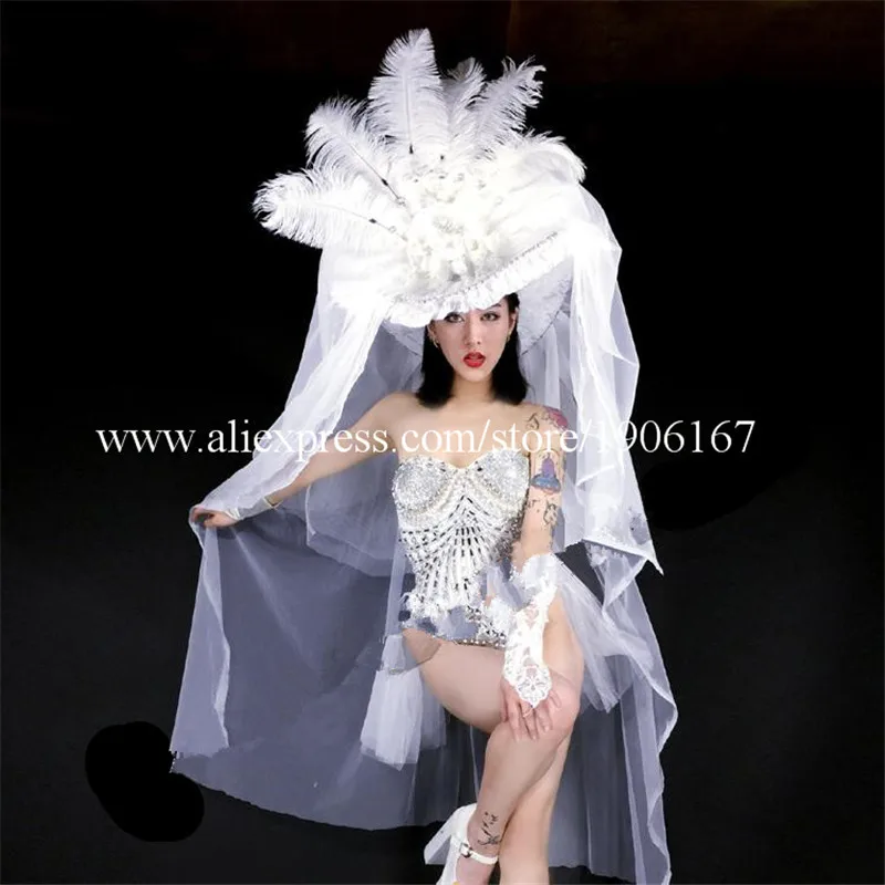 

Nightclub Sexy Lady Ballroom Costume White Party Valentine's Day Evening Dress Stage Performance DS Christmas Clothes With Hat