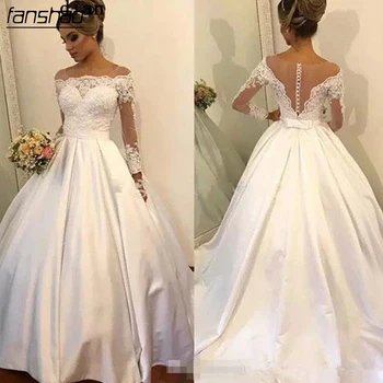 

Satin Muslim Wedding Dresses Ball Gown Appliques Beaded Long Sleeves Off the Shoulder Dubai Arabic Wedding Gown Bridal Dresses