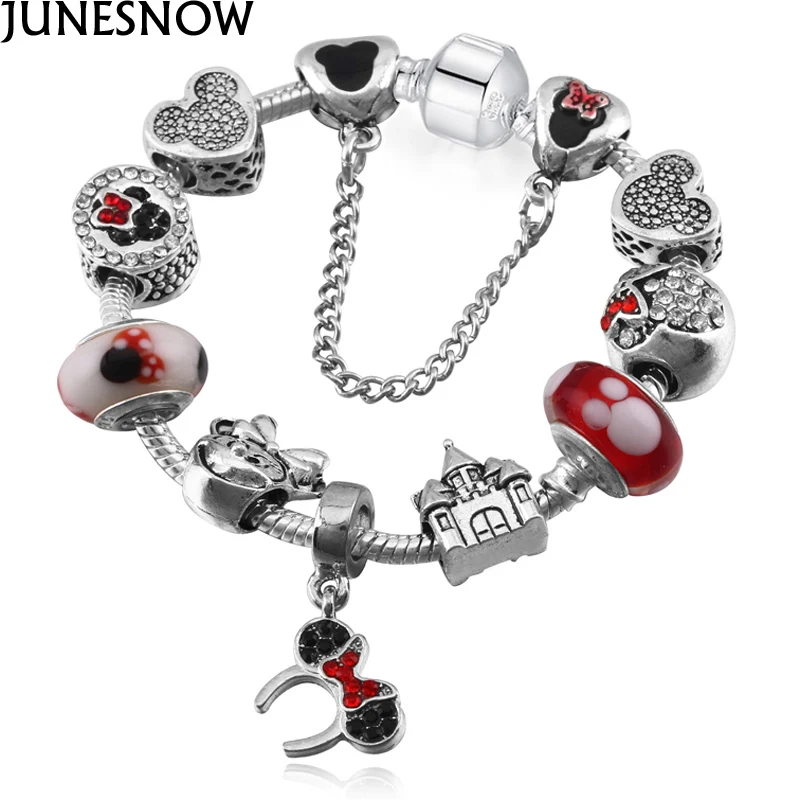 Женские браслеты шармы JUNESNOW серебристые с Микки Маусом в Европейском стиле