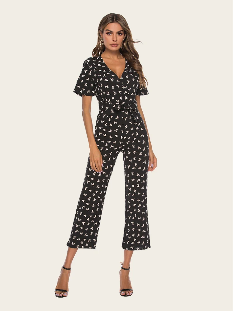 

Summer Casual Sashes Women's Jumpsuit 2019 Short Sleeve V-Neck Animal Print Playsuits Fitness High Waist Overalls Female
