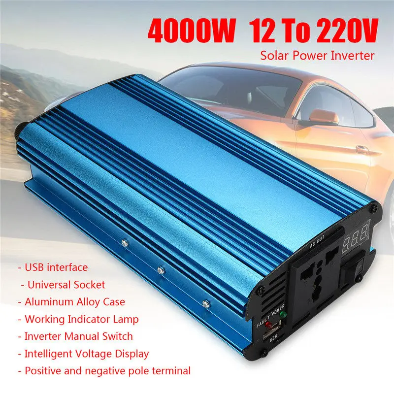 

4000W LED 4USB 12v/24V DC to 220V AC Solar Power Inverter Sine Wave Converter 2000W Overload High Voltage Protection