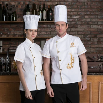 

Short Sleeve Chef Uniform Single Breasted Summer Chef Work Shirt Dragon Embroidery Hotel Restaurant Kitchen Cooking Work Jacket