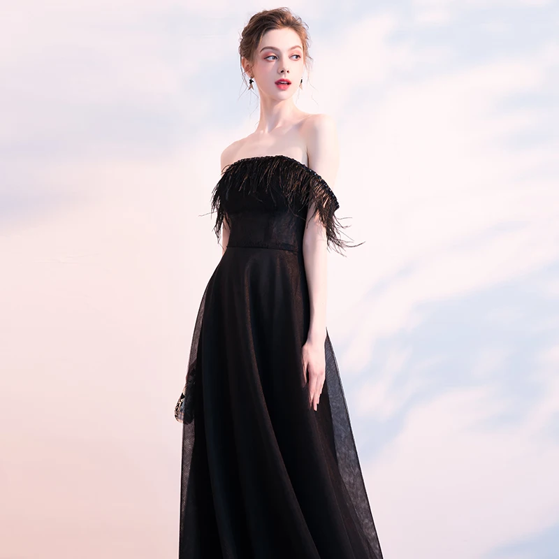 Plume Élégant Nouveau Picture Épaule Banquet Partie Sexy 2019 Féminine Mot The Robe Longue Color Noir YIqHOdY
