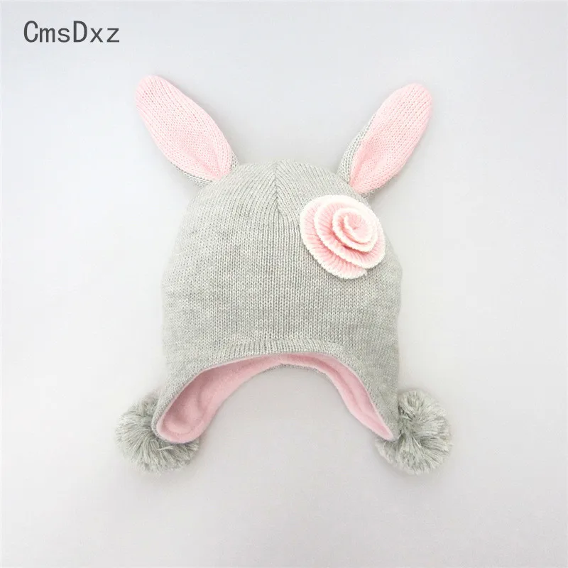 CmsDxz Girls Cap Winter Grey Rabbits With Pink Ears Child Hat Baby Hats Kids Girl Hair Accessoires Pompom | Детская одежда и обувь
